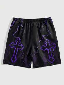 ROMWE MEN Goth Men Drawstring Digital Printed Summer Casual Basketball Shorts, School - Multicolor - View 2