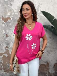 SHEIN LUNE Summer Loose-Fit Women Short-Sleeved Shirt With Floral Print In Pink - Multicolor - View 6