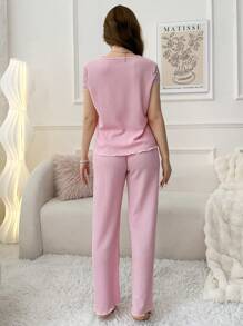 V-Neck Lace Short Sleeve & Long Pants Lady Pajama Set - Pink - View 2