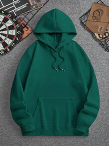 Manfinity Dauomo 男士簡約休閒印花長袖連帽衫，日常穿搭 - 墨綠色 - 查看 2