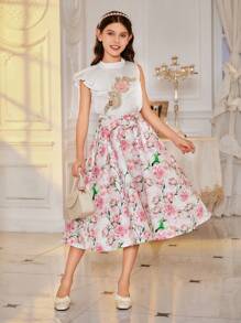 Tween Girl Fashionable Flower Printed Sleeveless Top And Skirt Set - Multicolor - View 4
