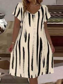 EMERY ROSE Große Größen Damen Sommerkleid Mit Pinsel-Muster, V-ausschnitt, Kurze Ärmel, Lockeres Freizeitkleid