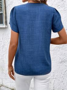 SHEIN Clasi 短袖刺繡開衩領印花休閒夏季日常上衣 - 藍色 - 查看 2