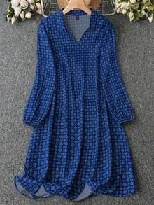 SHEIN Clasi Plus Size Tay áo lồng đèn In toàn bộ trang phục thường ngày ngày lễ - Màu xanh lam - Xem 5