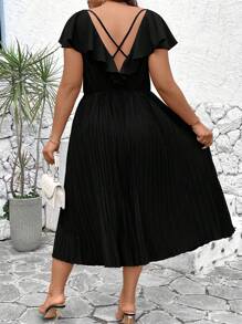 SHEIN Clasi Plus Size Women Summer Solid Color Splicing Ruffled Hem Pleated Split Dress - Black - View 2