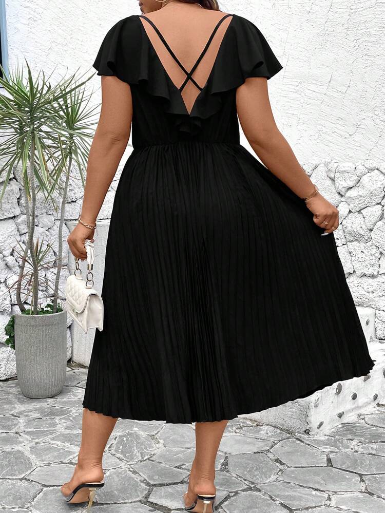 Plus Size Women Summer Solid Color Splicing Ruffled Hem Pleated Split Dress