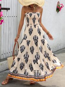 SHEIN VCAY Women Strapless Printed Elegant Dress With Bust Pleats Design