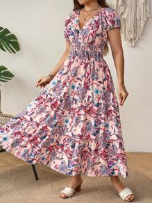 Breezaya Plus Size Women Vacation Floral Print Long Elegant Dress With Bubble Sleeves And Waist Tie Maxi Women Outfit