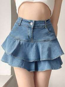 女性時尚Y2K雙層邊條牛仔迷你裙