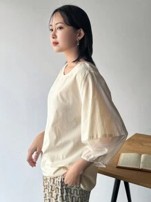 FRIFUL Women Summer Round Neck Loose Shirt With Mesh Lantern Sleeves And Patchwork - Beige - View 3