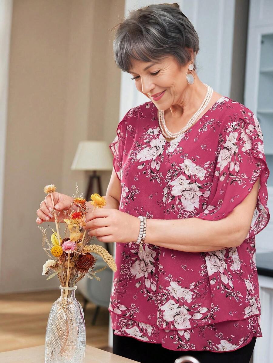 EMERY ROSE Chemise À Manches Pétales Imprimée De Fleurs Pour Femmes De Grande Taille Pour L'été - Rouge - Voir 1