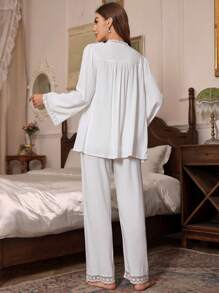 PalaceNights 3pcs/Set Floral Embroidery Cami Top, Pants And Robe Pajama Set White Set Holiday Season, Fall Clothes - White - View 2