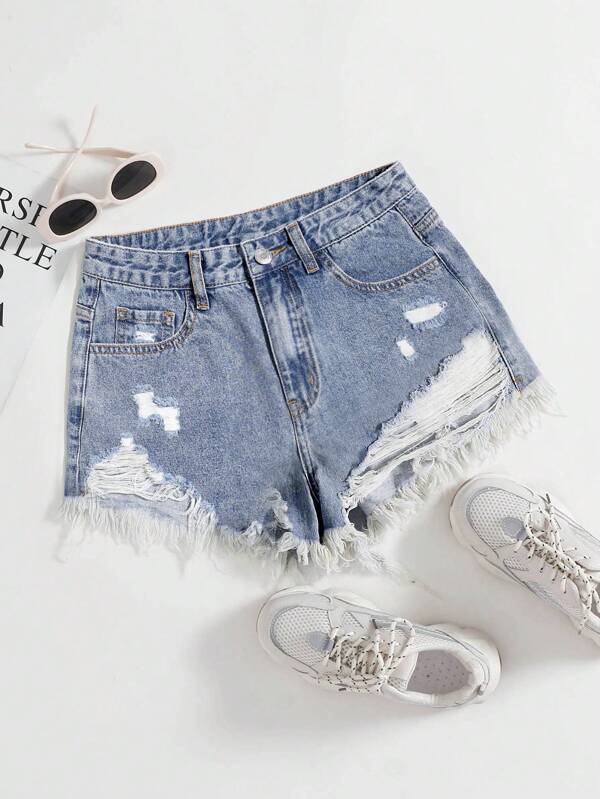 SHEIN EZwear Women Distressed Frayed Hem Denim Shorts For Y2k