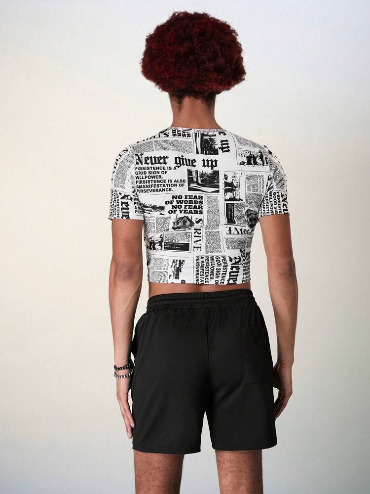 Men Round Neck Letter Print Short Sleeve T-Shirt And Solid Color Drawstring Shorts Summer Outfits