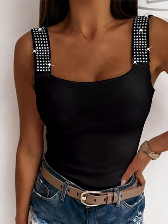 ChicMe Square Neck Rhinestone Sleeveless Tank Top For Women Basic Versatile Slim Fit Sparkly Camisole