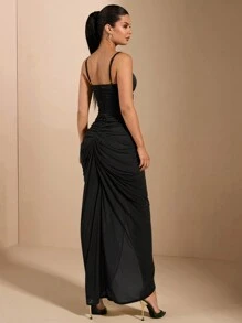 SHEIN BAE Tight Ruched Sexy & Elegant Front Ruffle Decor Long Dress For Women With Chest Cup