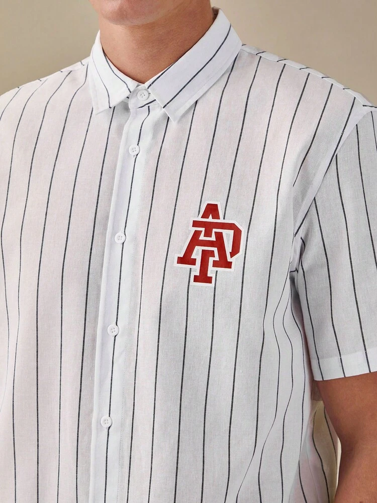 Men Simple Striped Button-Front Shirt With Printed Pattern, Short Sleeve,Back To School