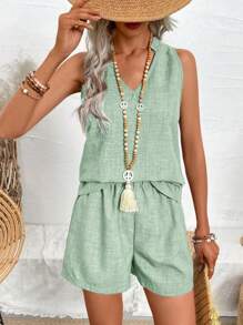EMERY ROSE Women Fashionable Loose Fit Casual Vest And Shorts Set, Versatile Style