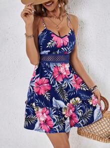 SHEIN VCAY Ladies' Flower Print Vacation Spaghetti Strap Summer Beach Women Short Dress