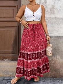 Breezaya Gonna lunga con stampa all-over per taglie comode, adatta per vacanze e tempo libero, per il nuovo anno e l'autunno - Rosso - Visualizzare 3
