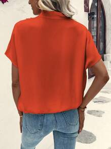 SHEIN Clasi Dam enkel enfärgad kortärmad skjorta med v-ringad - Orange - Visa 2