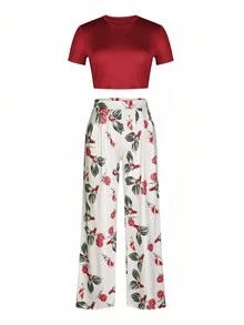 Quần ống rộng in hoa và áo thun ngắn tay trơn Bộ 2 món thường ngày - Đỏ - Xem 4