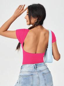 SHEIN MOD 性感休闲简约百搭露肩短袖露背镂空 T 恤，修身款，适合夏季女士 - 玫紅色 - 查看 2