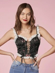 Enchnt Mujeres Elegante Top de tirantes con encaje y espalda abierta con nudo para el verano