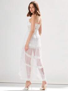 Enchnt Dames zomer effen kleur gesplitst mesh kant split zoom lange elegante cami-jurk