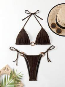 Swim SXY Women's Contrast Stitching Swimsuit Set, Suitable For Beach & Vacation - Chocolate Brown - View 3