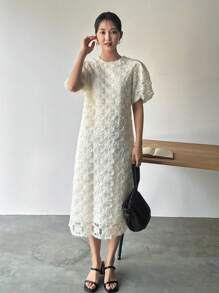 FRIFUL 女士夏季短袖圆领泡泡袖直筒优雅长裙太阳裙