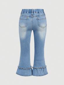 SHEIN Young Girl Cute Ruffled Trim Old-Fashioned Water Washed Distressed Flared Jeans Music Festivals - Light Wash - View 2