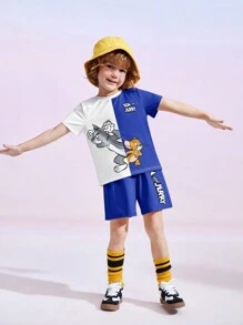 TOM & JERRY X SHEIN 男孩夏季休閒兩色調卡通和字母印花短袖T恤和短褲套裝 - 藍色 - 查看 9