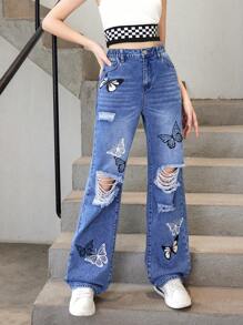 Garota Adolescente Estampas De Borboletas Jeans Rasgado