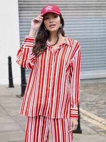 COSMINA Women Casual Minimalist Red And White Striped Printed Daily Wear Long Sleeve Shirt FAll - Red and White - View 1