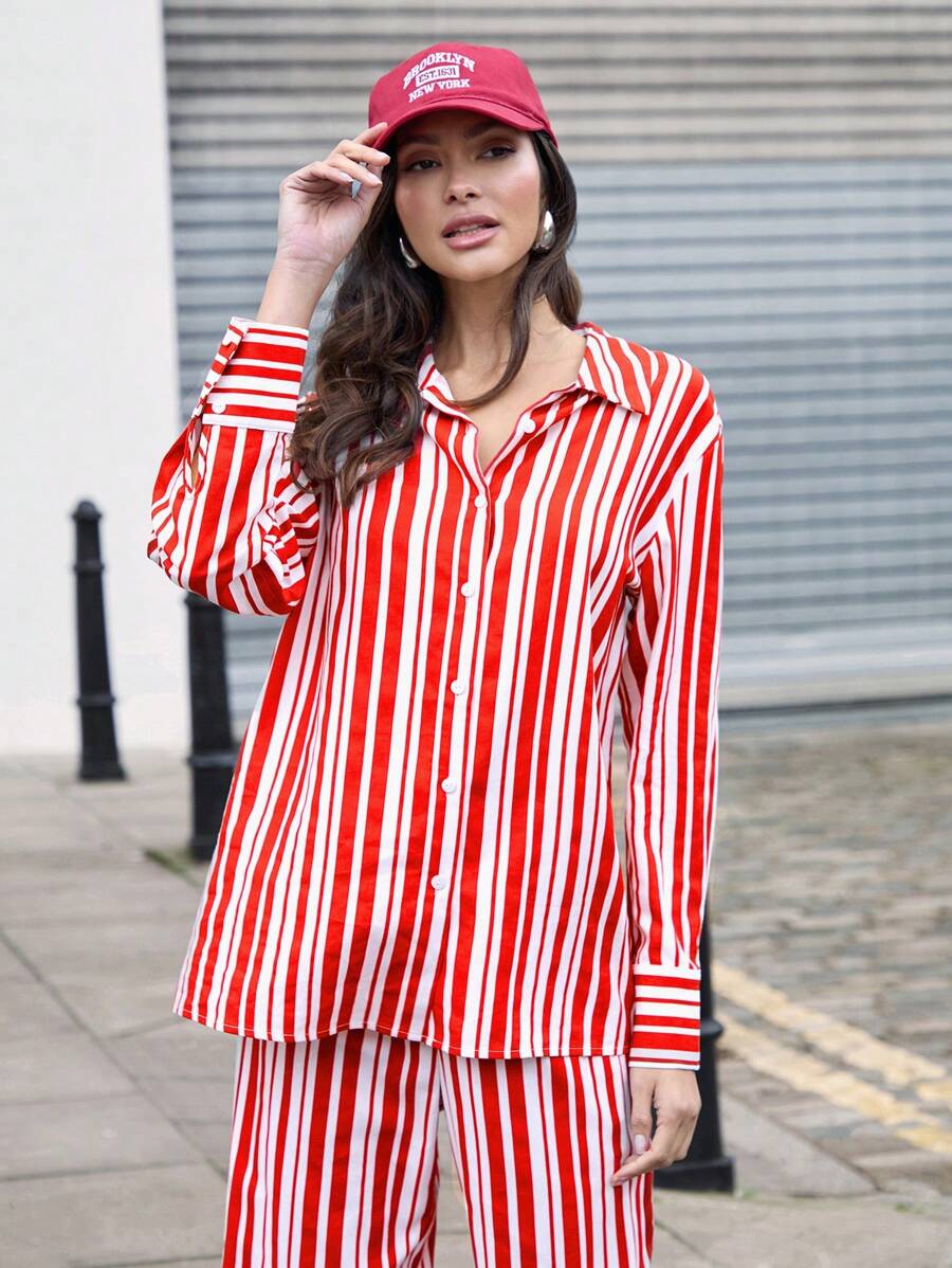 COSMINA Women Casual Minimalist Red And White Striped Printed Daily Wear Long Sleeve Shirt FAll - Red and White - View 1
