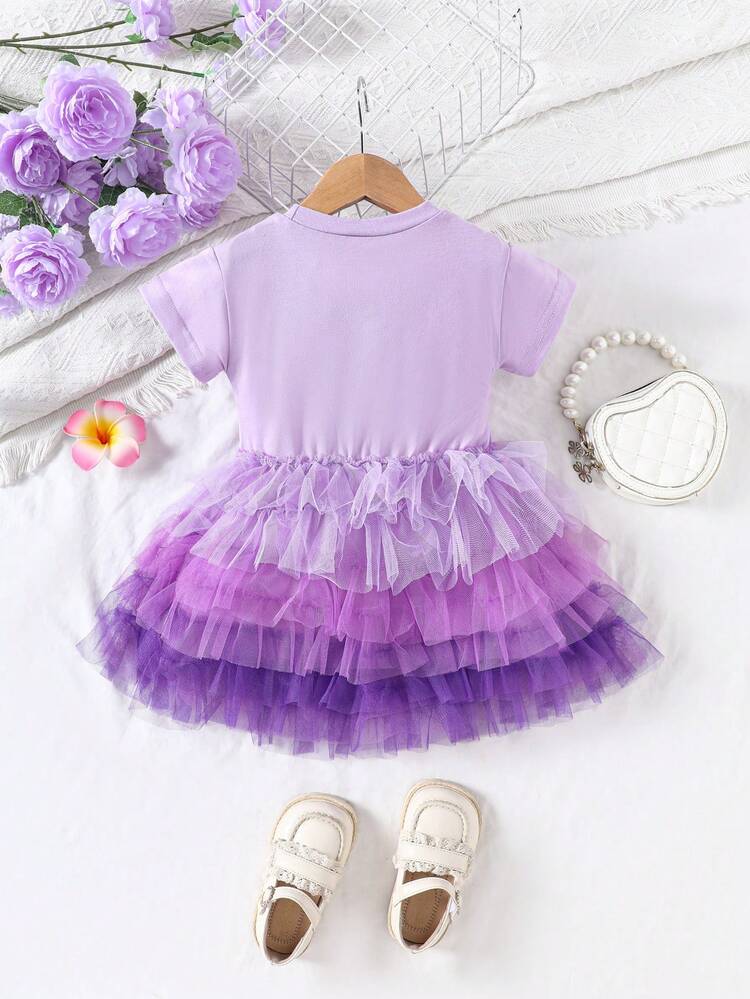 Baby Girl Elegant Multilayer Gradient Mesh Hem Dress With Letter Graphic, Perfect For Spring And Summer