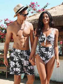 Manfinity VDAYZ 1 pièce Short de plage à cordon de serrage avec graphique pour hommes (imprimé coupe aléatoire). Short de piscine pour la plage, les vacances, les maillots de bain assortis pour couples, Hawaïen