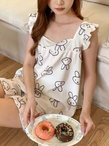 DAZY Cute Cartoon All Over Print Square Neck Camisole Top With Ruffle Trimmed Straps And Shorts Pajama Set