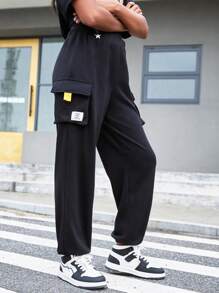 SHEIN Tween Girl Loose Casual Mid-Waist Cargo Pants With Pocket Decoration - Black - View 6