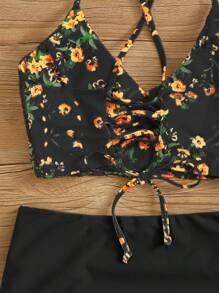 SHEIN Swim 假日海灘/游泳池小花印花Cami背心上衣和純色捲邊三角底部兩件式比基尼套裝，夏季海灘 - 彩色 - 查看 4