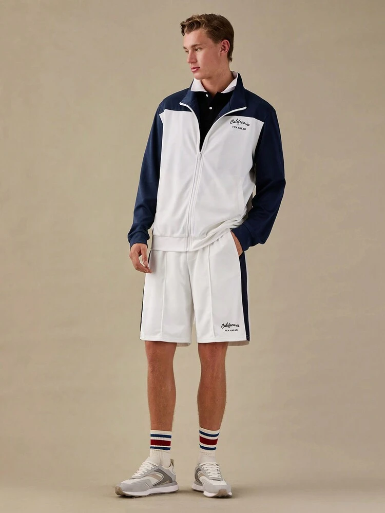 Men Casual Color Block Zipper Long Sleeve Jacket, Back To School, For Fall Winter