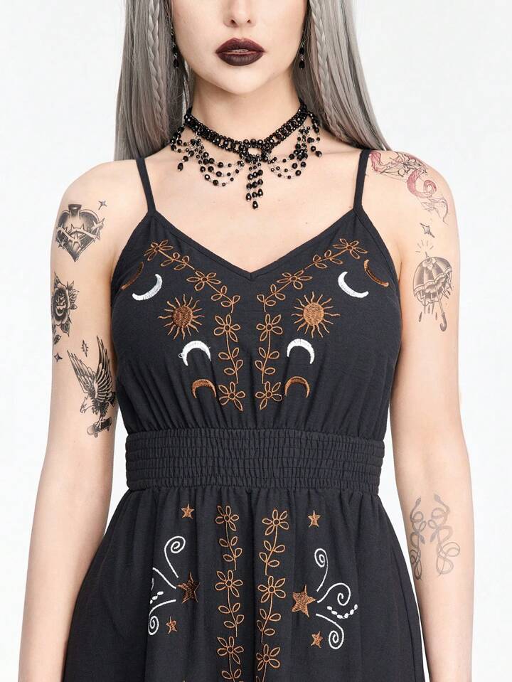 Our Dark Vintage Gothic Star & Moon Embroidered Women Cami A-Line Dress For  Summer is such a vibe - ROMWE