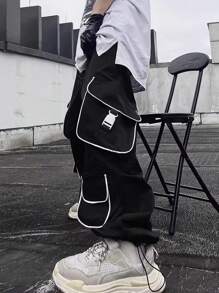 Manfinity EMRG 男士时尚抽绳腰休闲翻盖口袋工装裤，街头潮流长款宽松黑色裤子，适合老公、男朋友的礼物，适合秋季 - 黑色 - 查看 3