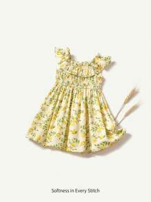 Cozy Pixies Baby Girl Casual Lemon Printed Square Neck Ruffle Waist Mini Dress - Green - View 1
