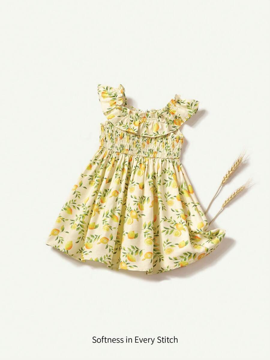 Cozy Pixies Baby Girl Casual Lemon Printed Square Neck Ruffle Waist Mini Dress - Green - View 1
