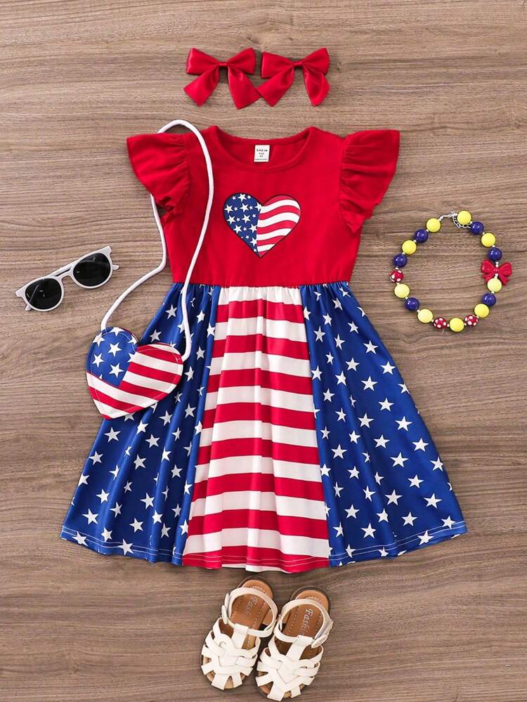 Young Girl Summer Cute Round Neck Short Sleeve American Flag Print Midi Dress