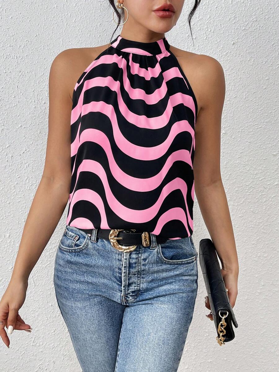 SHEIN Unity Top de mujer con diseño de hombros descubiertos y estampados coloridos aleatorios - Rosa - Ver 1