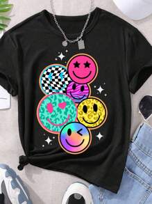 SHEIN Áo thun in hình mặt cười & Graffiti phong cách đường phố Tween Girl - màu đen - Xem 3