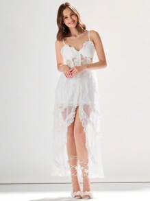 Enchnt Dames zomer effen kleur gesplitst mesh kant split zoom lange elegante cami-jurk